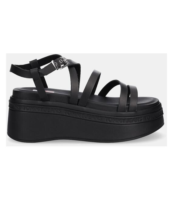 Δερμάτινα σανδάλια Tommy Jeans WEDGY STRAPPY SANDAL χρώμα: μαύρο, EN0EN02756