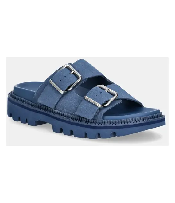 Παντόφλες σουέτ Tommy Jeans DOUBLE STRAP SANDAL SUEDE γυναικείες, χρώμα: μπλε, EN0EN02797
