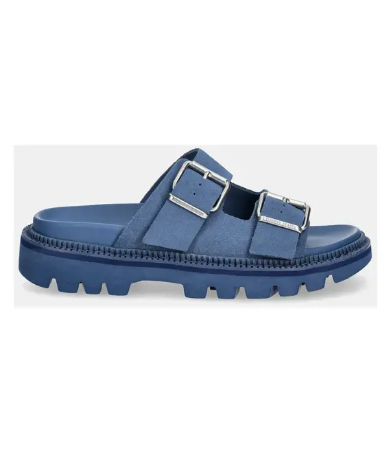 Παντόφλες σουέτ Tommy Jeans DOUBLE STRAP SANDAL SUEDE γυναικείες, χρώμα: μπλε, EN0EN02797