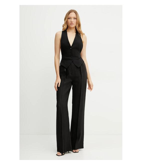 Λινό παντελόνι Elisabetta Franchi χρώμα: μαύρο, PA09752E2