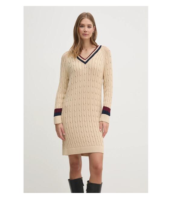 Βαμβακερό φόρεμα Tommy Hilfiger χρώμα: μπεζ, WW0WW44074