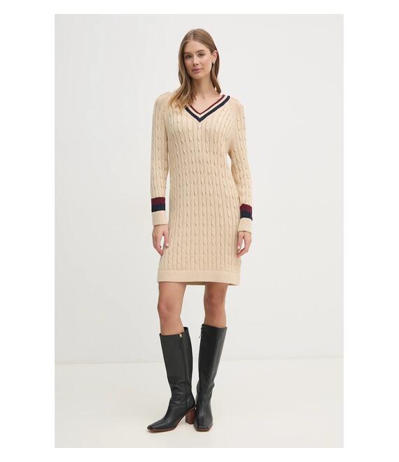 Βαμβακερό φόρεμα Tommy Hilfiger χρώμα: μπεζ, WW0WW44074