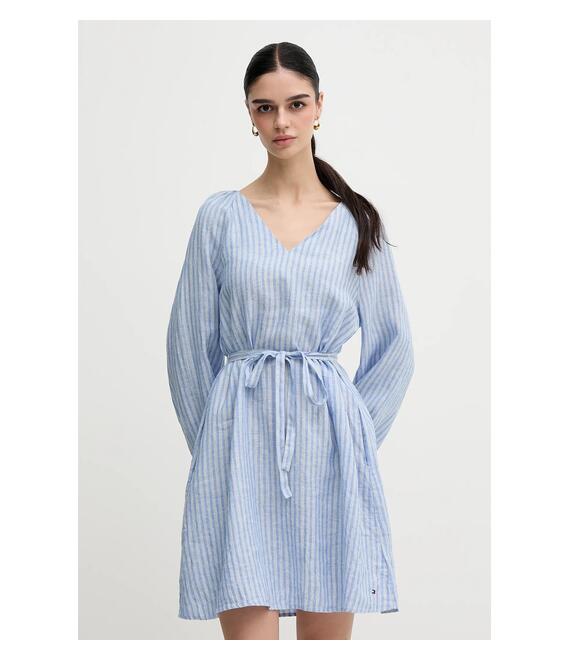Λινό φόρεμα Tommy Hilfiger χρώμα: μπλε, WW0WW44666