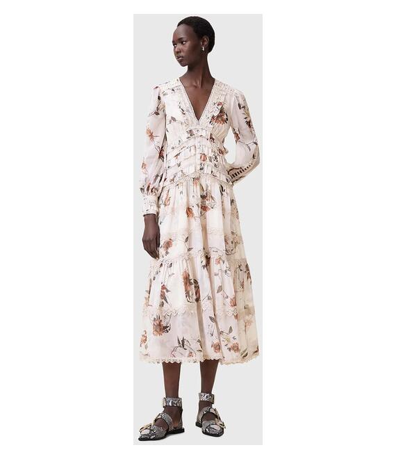 Φόρεμα AllSaints ZORA MIDI χρώμα: μπεζ, W084DC