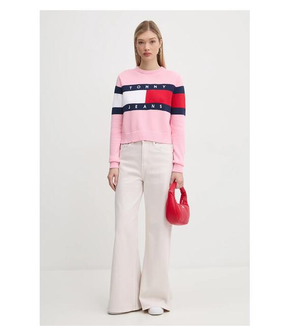 Βαμβακερό πουλόβερ Tommy Jeans χρώμα: ροζ, DW0DW19335