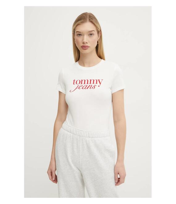 Βαμβακερό μπλουζάκι Tommy Jeans γυναικείο, χρώμα: άσπρο, DW0DW19447
