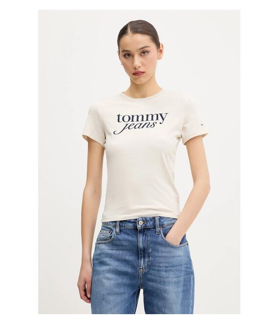 Βαμβακερό μπλουζάκι Tommy Jeans γυναικείο, χρώμα: μπεζ, DW0DW19447