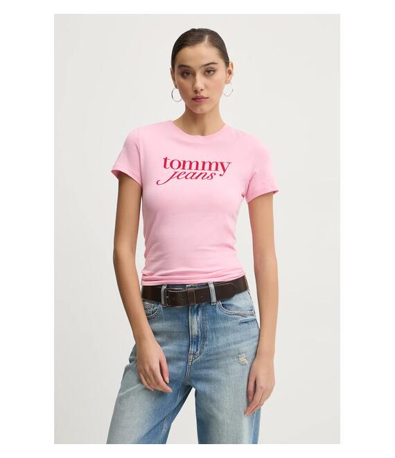 Βαμβακερό μπλουζάκι Tommy Jeans γυναικείο, χρώμα: ροζ, DW0DW19447