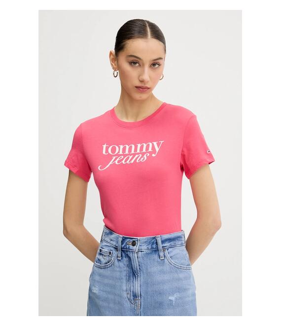Βαμβακερό μπλουζάκι Tommy Jeans γυναικείο, χρώμα: ροζ, DW0DW19447