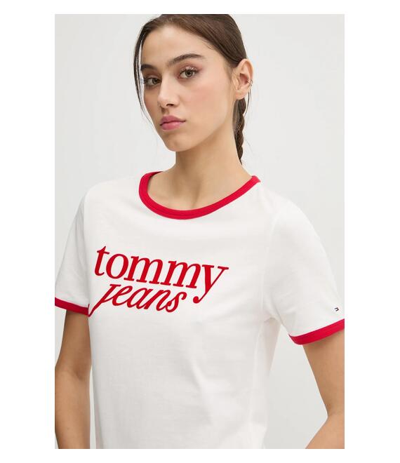 Βαμβακερό μπλουζάκι Tommy Jeans γυναικεία, χρώμα: μπεζ, DW0DW19449