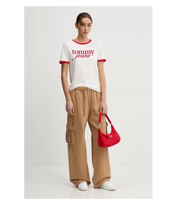 Βαμβακερό μπλουζάκι Tommy Jeans γυναικεία, χρώμα: μπεζ, DW0DW19449