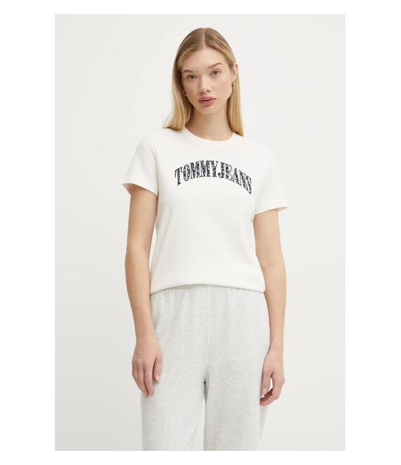 Βαμβακερό μπλουζάκι Tommy Jeans γυναικεία, χρώμα: μπεζ, DW0DW20161
