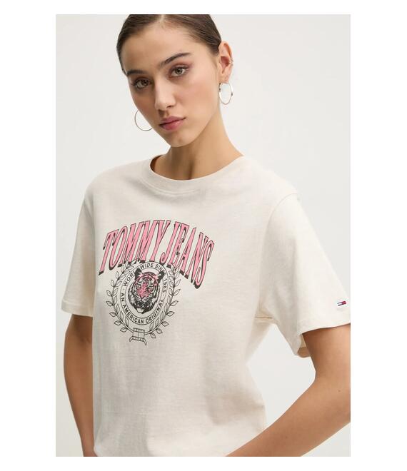 Βαμβακερό μπλουζάκι Tommy Jeans γυναικείο, χρώμα: μπεζ, DW0DW20212