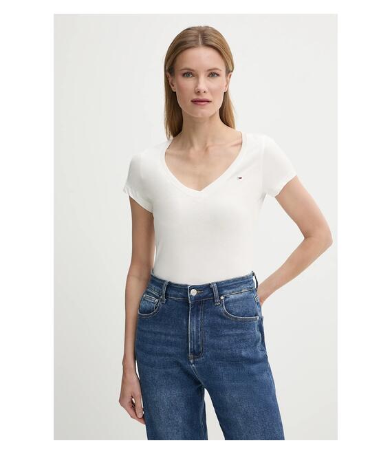 Βαμβακερό μπλουζάκι Tommy Jeans γυναικείο, χρώμα: άσπρο, DW0DW20458