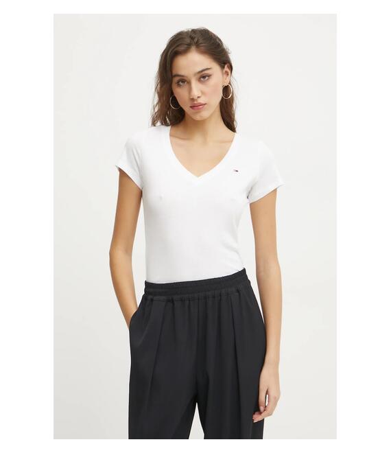 Βαμβακερό μπλουζάκι Tommy Jeans γυναικείο, χρώμα: άσπρο, DW0DW20458
