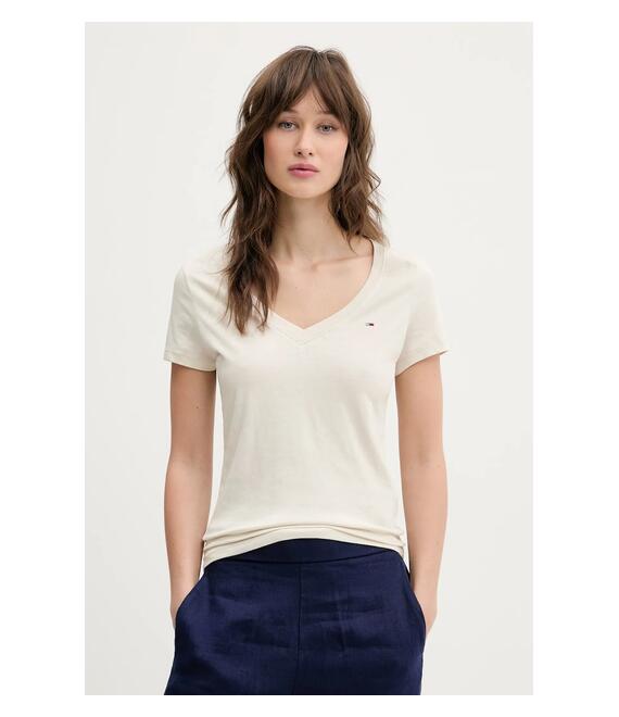 Βαμβακερό μπλουζάκι Tommy Jeans γυναικείο, χρώμα: μπεζ, DW0DW20458