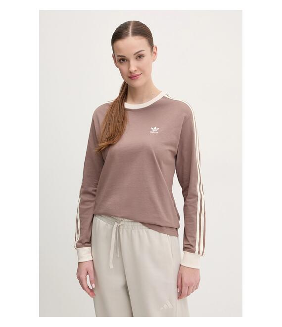 Βαμβακερή μπλούζα με μακριά μανίκια adidas Originals 3-Stripes χρώμα: καφέ, JC5773