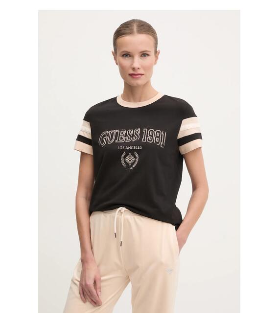 Βαμβακερό μπλουζάκι Guess SUZANNE γυναικείο, χρώμα: μαύρο, V5RI00 KA260