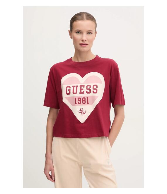Βαμβακερό μπλουζάκι Guess MONICA γυναικείο, χρώμα: μπορντό, V5RI01 I3Z14