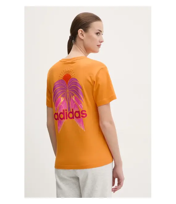 Βαμβακερό μπλουζάκι adidas x Farm Rio γυναικείο, χρώμα: πορτοκαλί, JD6293