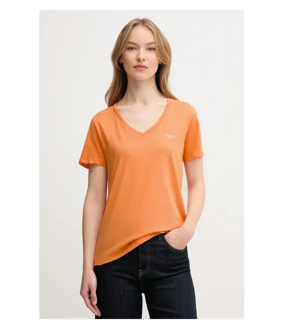 Βαμβακερό μπλουζάκι Pepe Jeans MACY V-NECK γυναικείο, χρώμα: πορτοκαλί, PL506051
