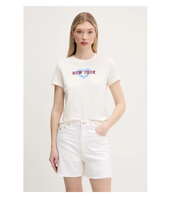 Βαμβακερό μπλουζάκι Tommy Jeans γυναικείο, χρώμα: μπεζ, DW0DW21769