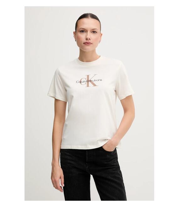 Βαμβακερό μπλουζάκι Calvin Klein Jeans γυναικείο, χρώμα: μπεζ, LV047B863G