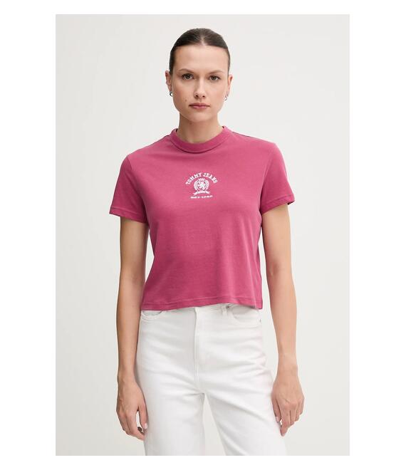 Βαμβακερό μπλουζάκι Tommy Jeans γυναικείο, χρώμα: ροζ, DW0DW20317