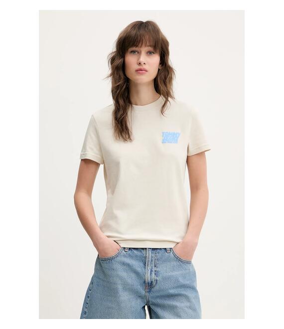 Βαμβακερό μπλουζάκι Tommy Jeans γυναικείο, χρώμα: μπεζ, DW0DW21338