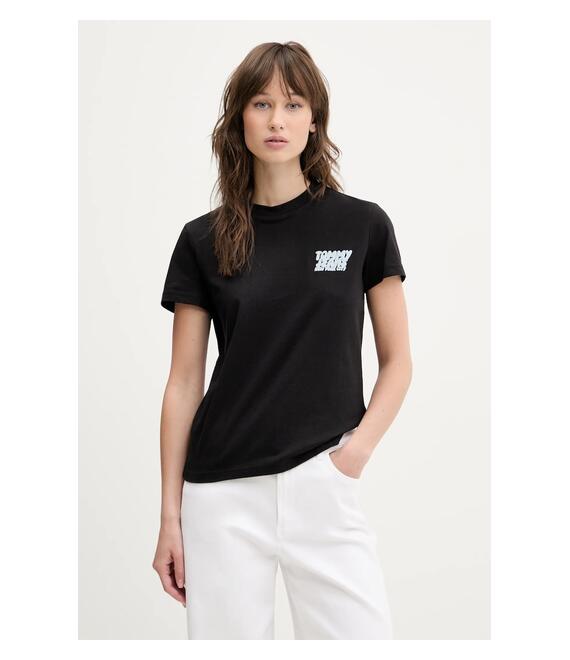 Βαμβακερό μπλουζάκι Tommy Jeans γυναικείο, χρώμα: μαύρο, DW0DW21338