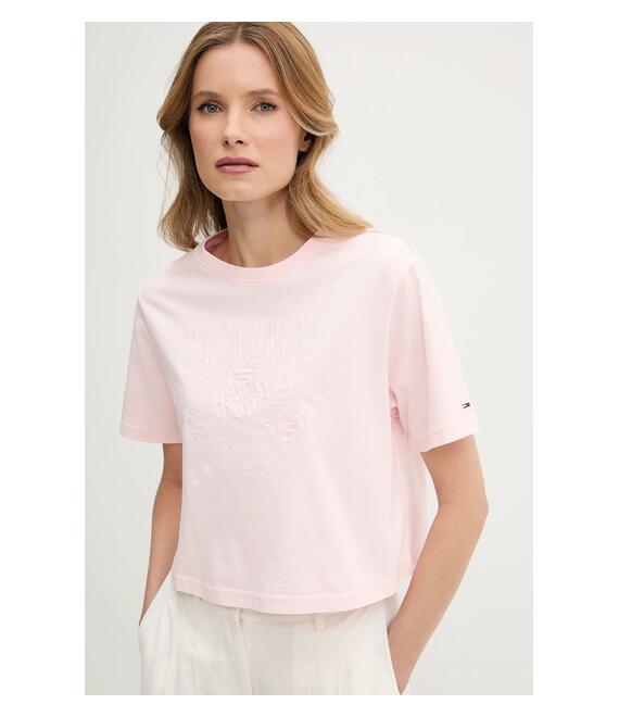 Βαμβακερό μπλουζάκι Tommy Jeans χρώμα: ροζ, DW0DW20326