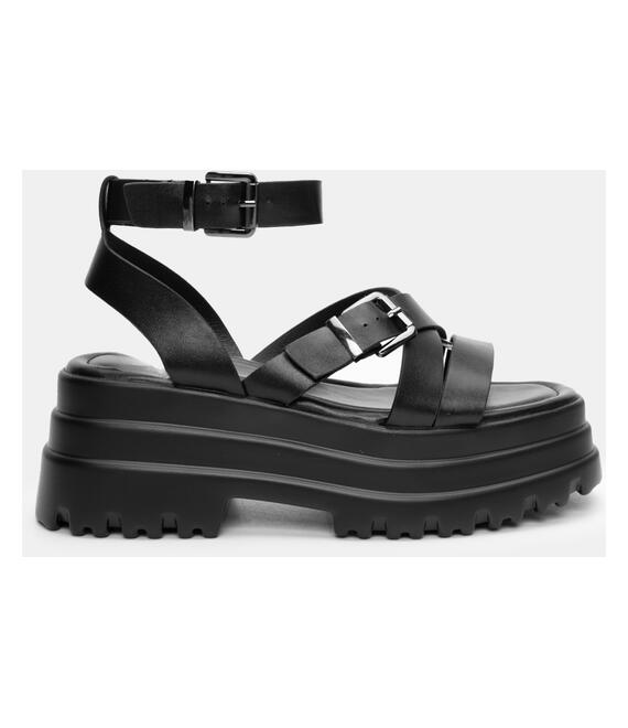 Σανδάλια Flatform με Τρακτερωτή Σόλα & Μπαρέτα - Μαύρο