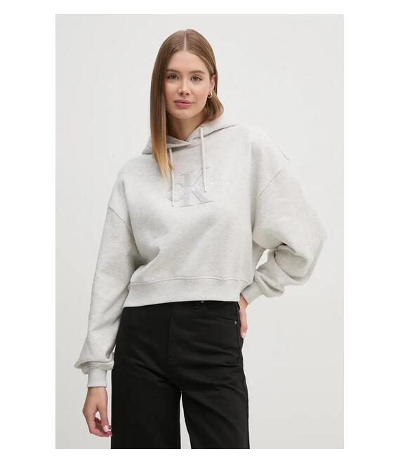 Βαμβακερή μπλούζα Calvin Klein Jeans γυναικεία, χρώμα: γκρι, με κουκούλα, J20J224170