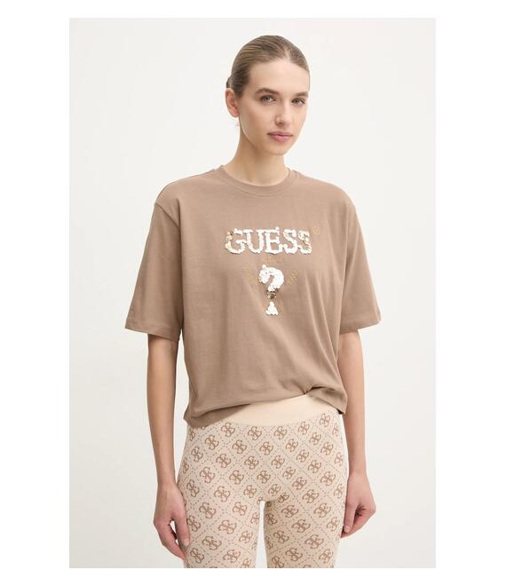 Βαμβακερό μπλουζάκι Guess AURLIE γυναικείο, χρώμα: μπεζ, V4YI06 I3Z14