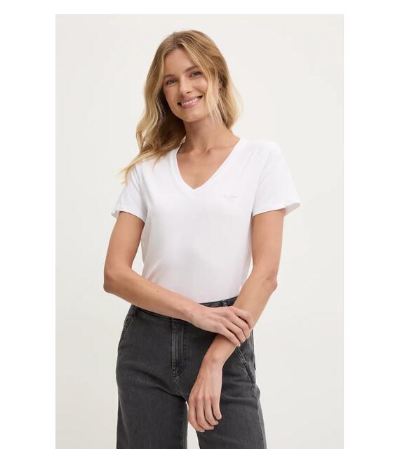 Βαμβακερό μπλουζάκι Pepe Jeans FIORE V NECK γυναικείο, χρώμα: άσπρο, PL505948