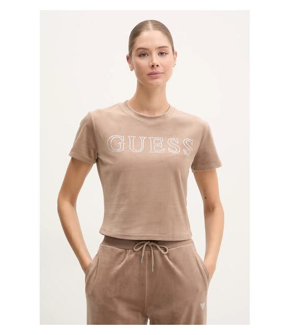 Βελούδινο μπλουζάκι Guess COUTURE χρώμα: μπεζ, V4BI29 KBXI2