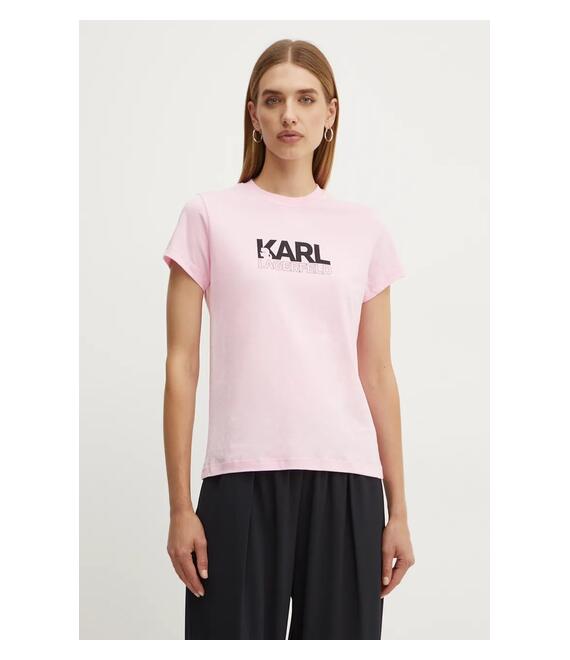 Βαμβακερό μπλουζάκι Karl Lagerfeld γυναικείο, χρώμα: ροζ, 24WW1703