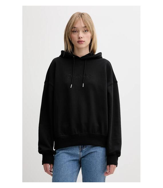 Βαμβακερή μπλούζα Calvin Klein γυναικεία, χρώμα: μαύρο, με κουκούλα, LV044C210G
