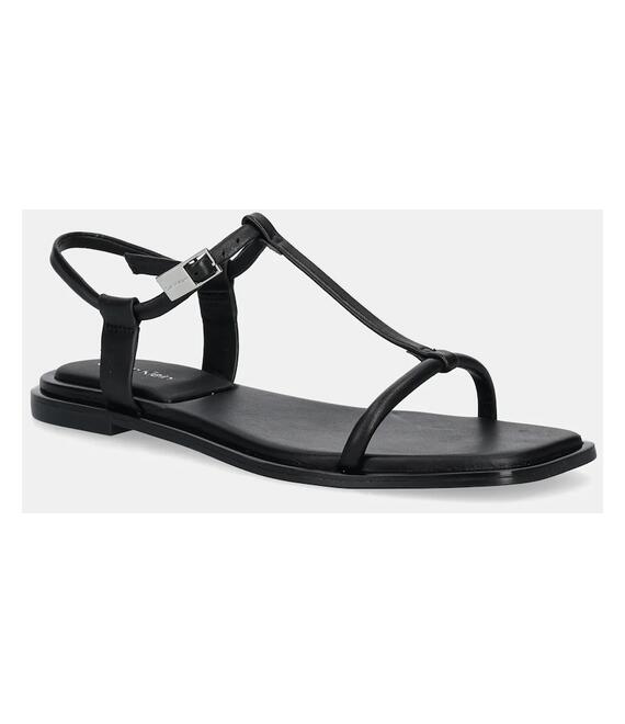 Δερμάτινα σανδάλια Calvin Klein FLAT SANDAL SQUARED BUCKLE LTH χρώμα: μαύρο, HW0HW02556