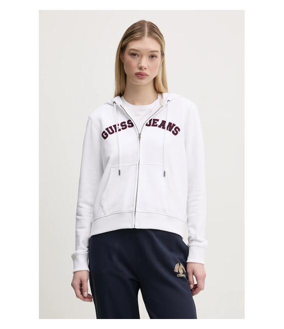 Βαμβακερή μπλούζα Guess Jeans γυναικεία, χρώμα: άσπρο, με κουκούλα, W5RQ20 K68I4
