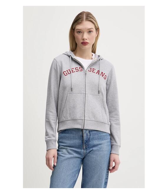 Βαμβακερή μπλούζα Guess Jeans γυναικεία, χρώμα: γκρι, με κουκούλα, W5RQ20 K68I4