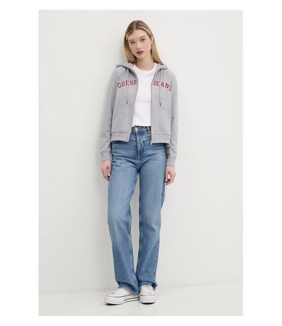 Βαμβακερή μπλούζα Guess Jeans γυναικεία, χρώμα: γκρι, με κουκούλα, W5RQ20 K68I4