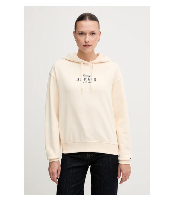 Βαμβακερή μπλούζα Tommy Hilfiger γυναικεία, χρώμα: μπεζ, με κουκούλα, WW0WW45528