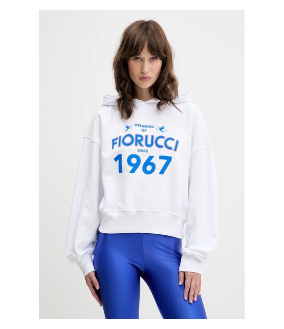 Βαμβακερή μπλούζα Fiorucci Dreaming 1967 Print Boxy Fit Cropped Hoodie γυναικεία, χρώμα: άσπρο, με κουκούλα, W01SMSHO269CJ05WH01