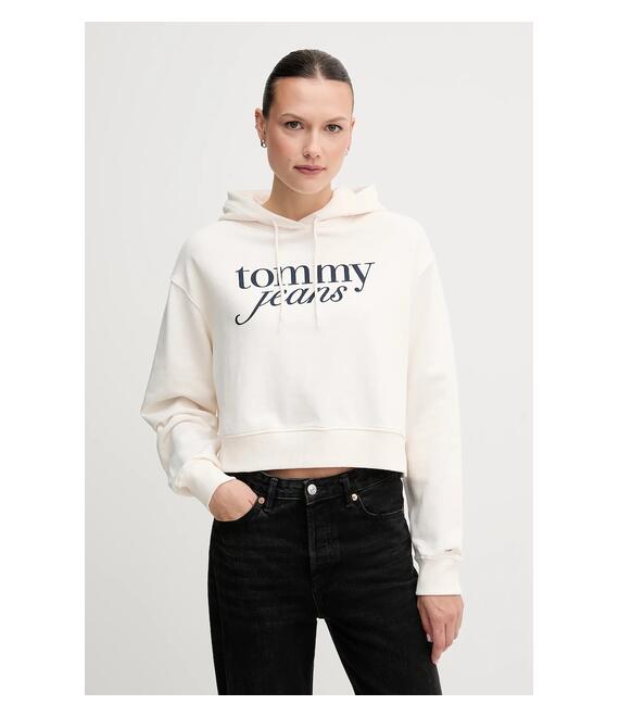 Βαμβακερή μπλούζα Tommy Jeans γυναικεία, χρώμα: μπεζ, με κουκούλα, DW0DW20306