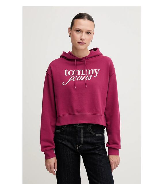 Βαμβακερή μπλούζα Tommy Jeans γυναικεία, χρώμα: ροζ, με κουκούλα, DW0DW20306