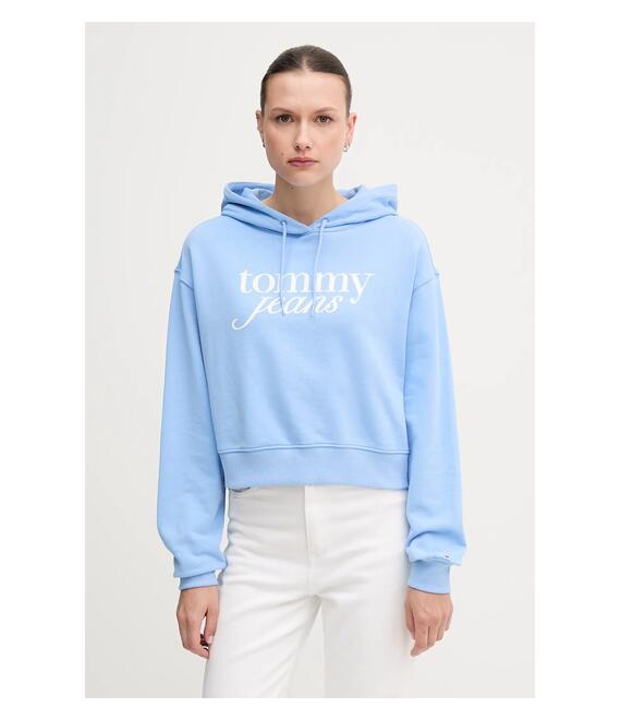 Βαμβακερή μπλούζα Tommy Jeans γυναικεία, χρώμα: μπλε, με κουκούλα, DW0DW20306