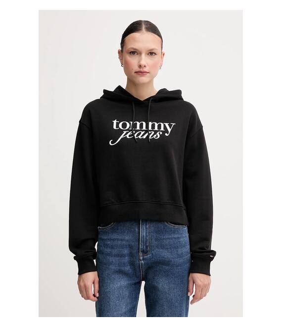 Βαμβακερή μπλούζα Tommy Jeans γυναικεία, χρώμα: μαύρο, με κουκούλα, DW0DW20306