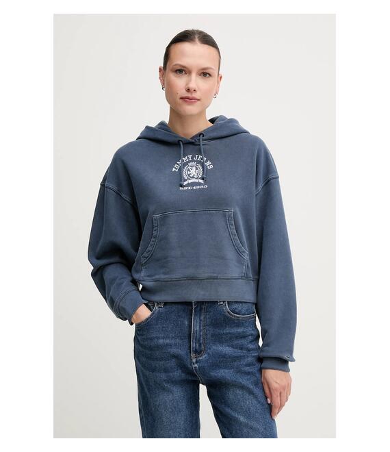 Βαμβακερή μπλούζα Tommy Jeans γυναικεία, χρώμα: μπλε, με κουκούλα, DW0DW20311