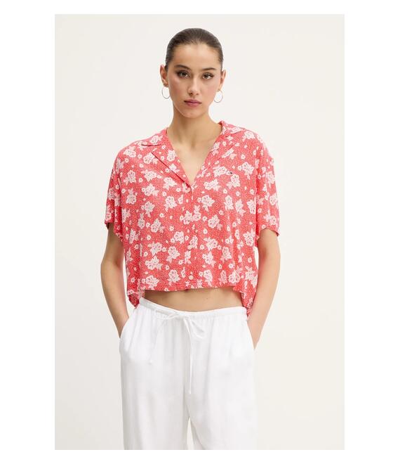 Πουκάμισο Tommy Jeans χρώμα: πορτοκαλί, DW0DW20285